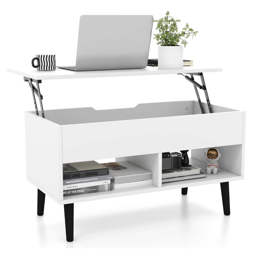 Tavolino da caff¨¨ moderno con scomparto nascosto e 2 scaffali aperti, Tavolino in legno per soggiorno Bianco-Tavolini da salotto