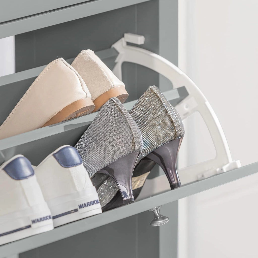 Scarpiera Salvaspazio Slim Ingresso con 2 Ribalte e Cassetto – Mobile Scarpiera Grigio Moderna per Corridoio Stretto, MDF E1, 80x25x108cm, FSR89-HG
