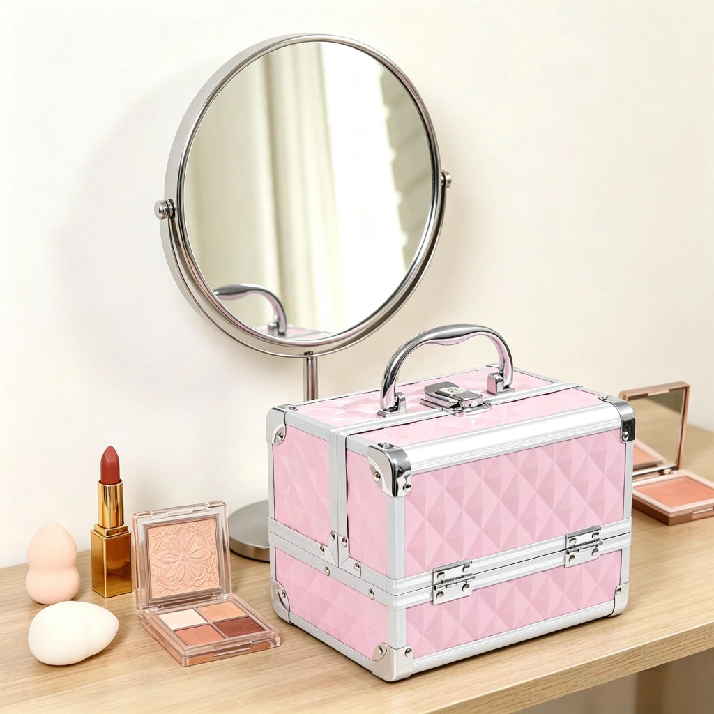 Beauty case trucco con 3 livelli; specchio e lucchetto - per viaggio - 20x15x15 cm - rosa