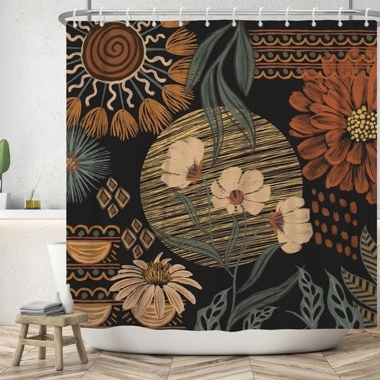 Douchegordijn 180 x 200 cm - Stile Boho Retro Arte Abstracta Fiori e Foglie - Lavabile e Impermeabile - Ideale per Piccole Stanze da Bagno