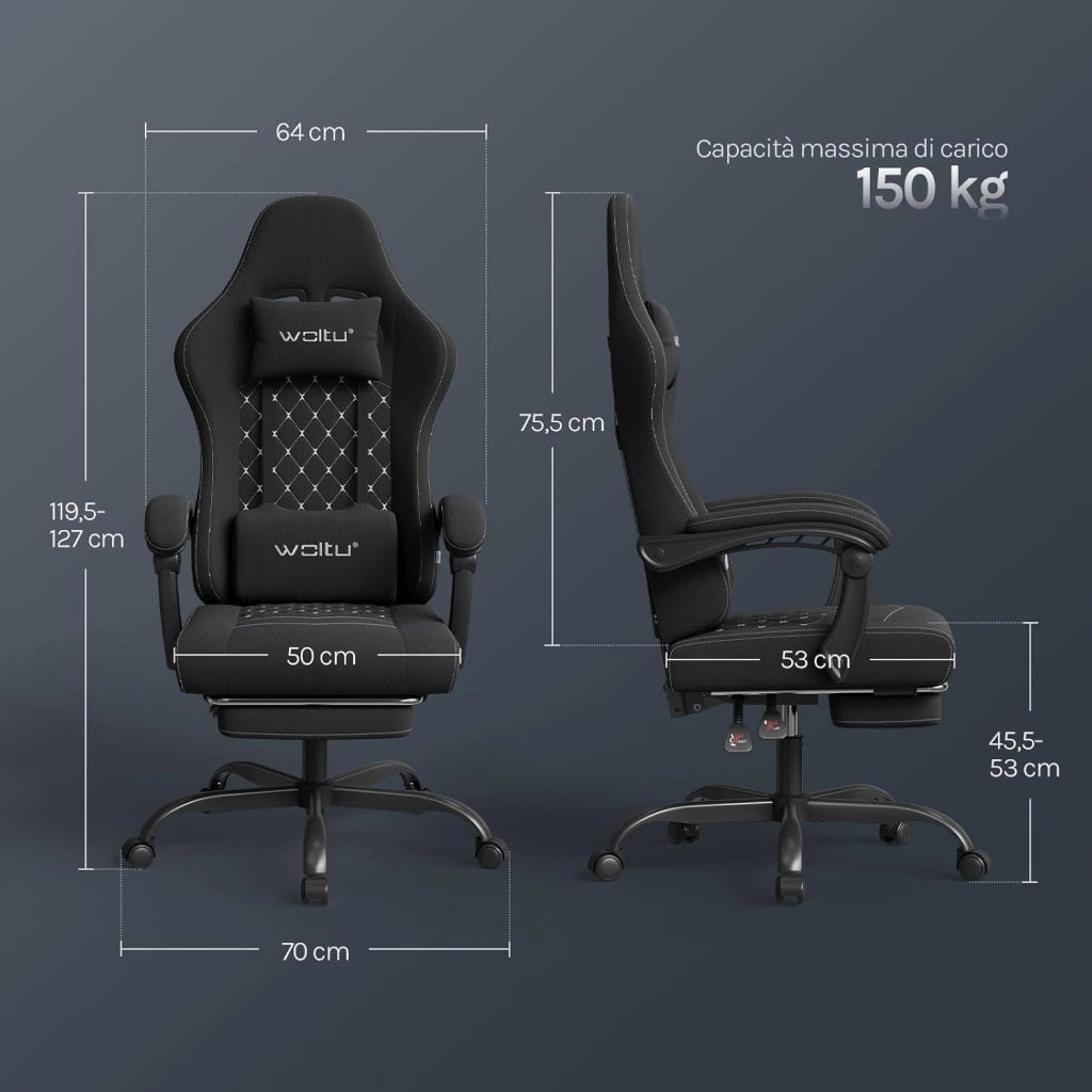Sedia Gaming con Massaggio, Sedia da Ufficio Ergonomica Girevole Ampia Imbottita per Computer con Cuscino Lombare Massaggiante, Carico 150 Kg, Tessuto a rete, Nero+Bianco