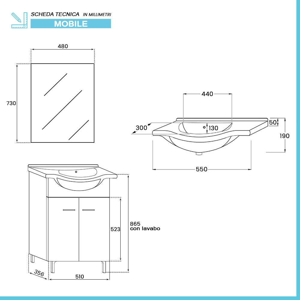 Mobile bagno a terra 55 cm Rovere Dolomite completo di lavabo e specchio Desya