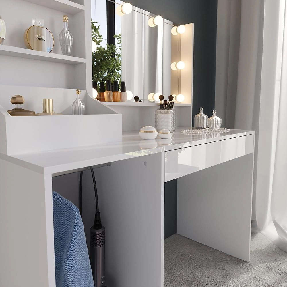 Tavolo da toeletta Sherry, Bianco/bianco lucido, 119.8 cm 4 parti