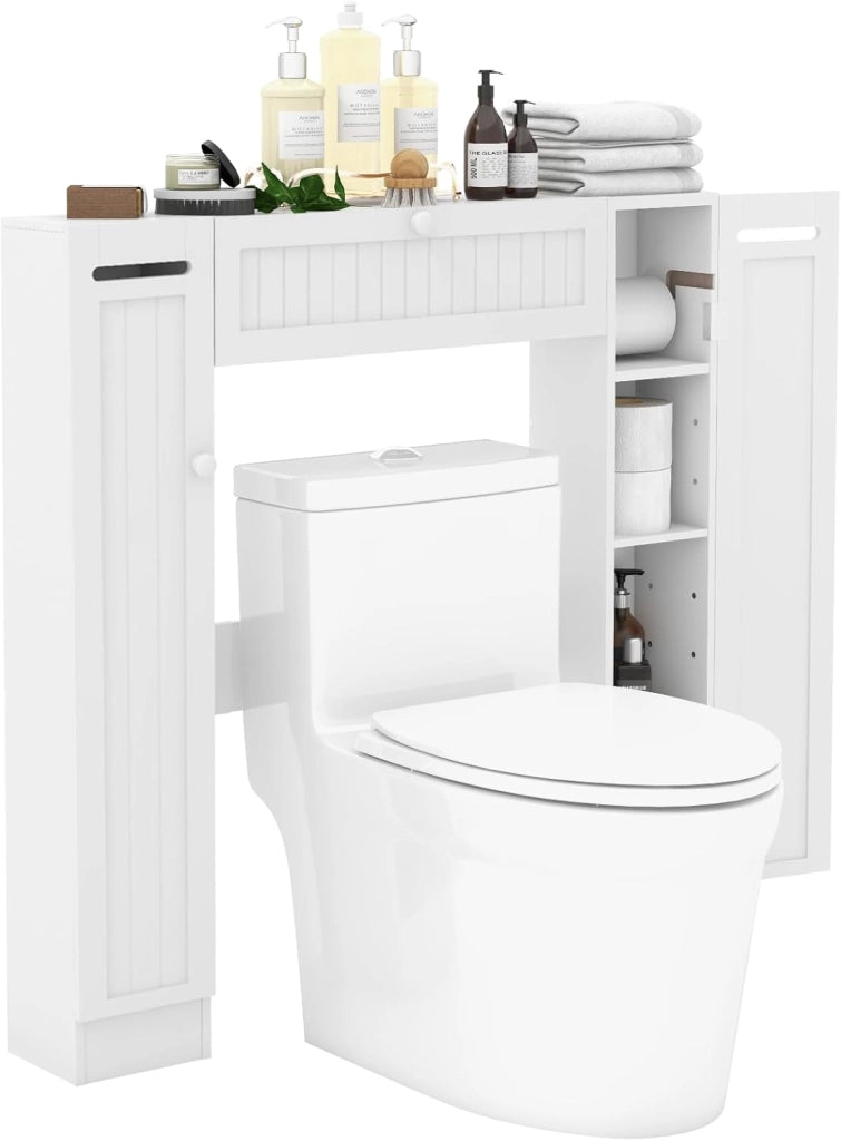 Mobile Sopra WC, Mobile per Bagno con Ripiani Regolabili Portarotolo per Carta Igienica e Anta Ribaltabile, Ideale per Bagno Lavanderia, 89x19,5x99 cm (Bianco)