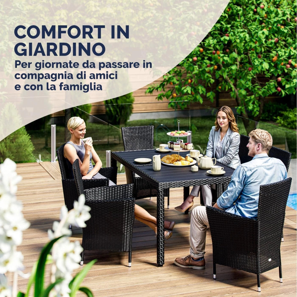 ® Set Mobili da Pranzo da Giardino in Polyrattan 6 Sedie Impilabili Tavolo 150x90cm in WPC Legno Resistente da Terrazza Esterno Nero