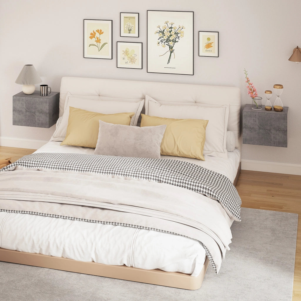 Set di 2 Comodini Sospesi con 2 Cassetti Moderni e Salvaspazio, 40x29x30 cm, Grigio Cemento