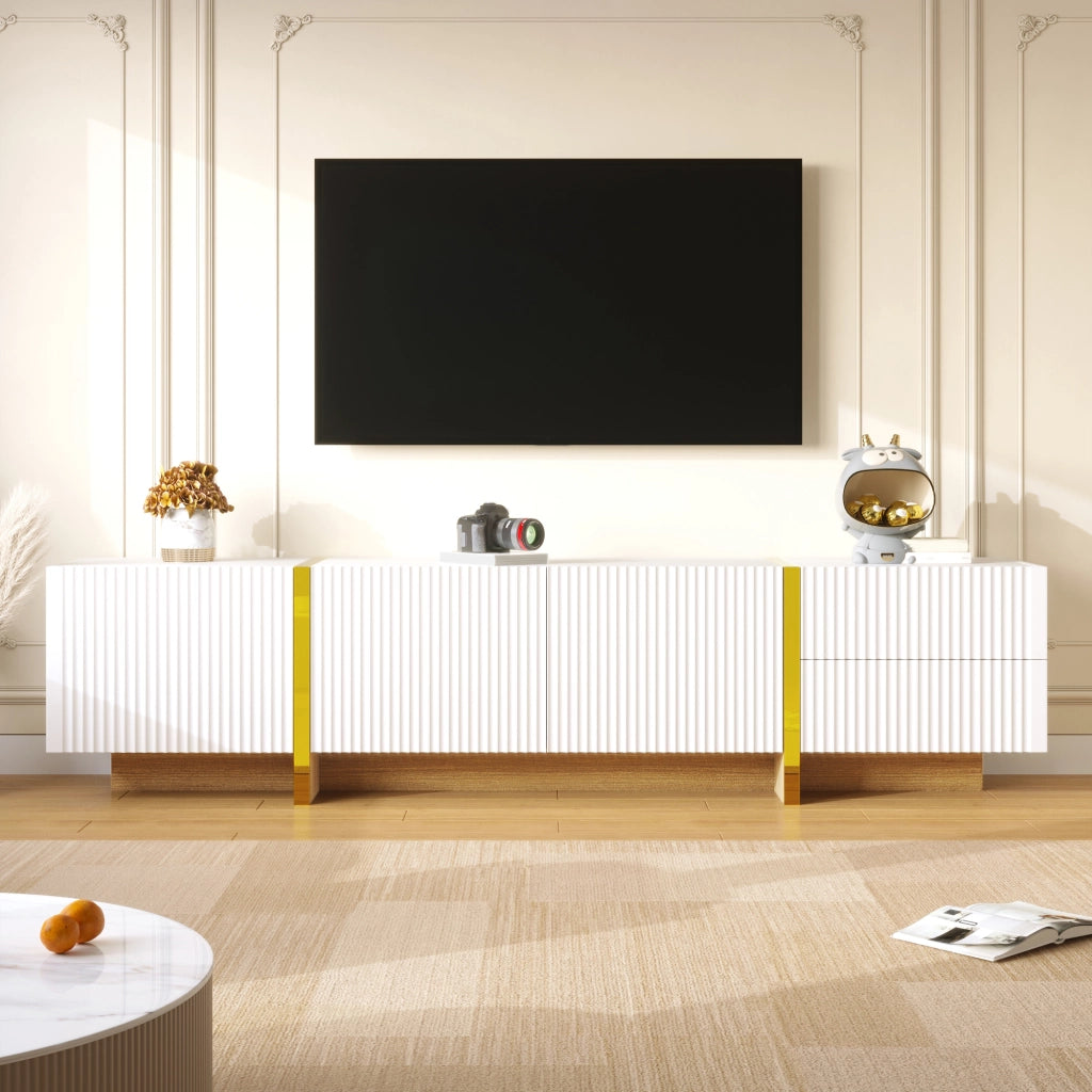 Mobile TV 190x35x45 cm; 2 cassetti e 3 ante con chiusura ammortizzata; MDF e pannello truciolare bianco e oro