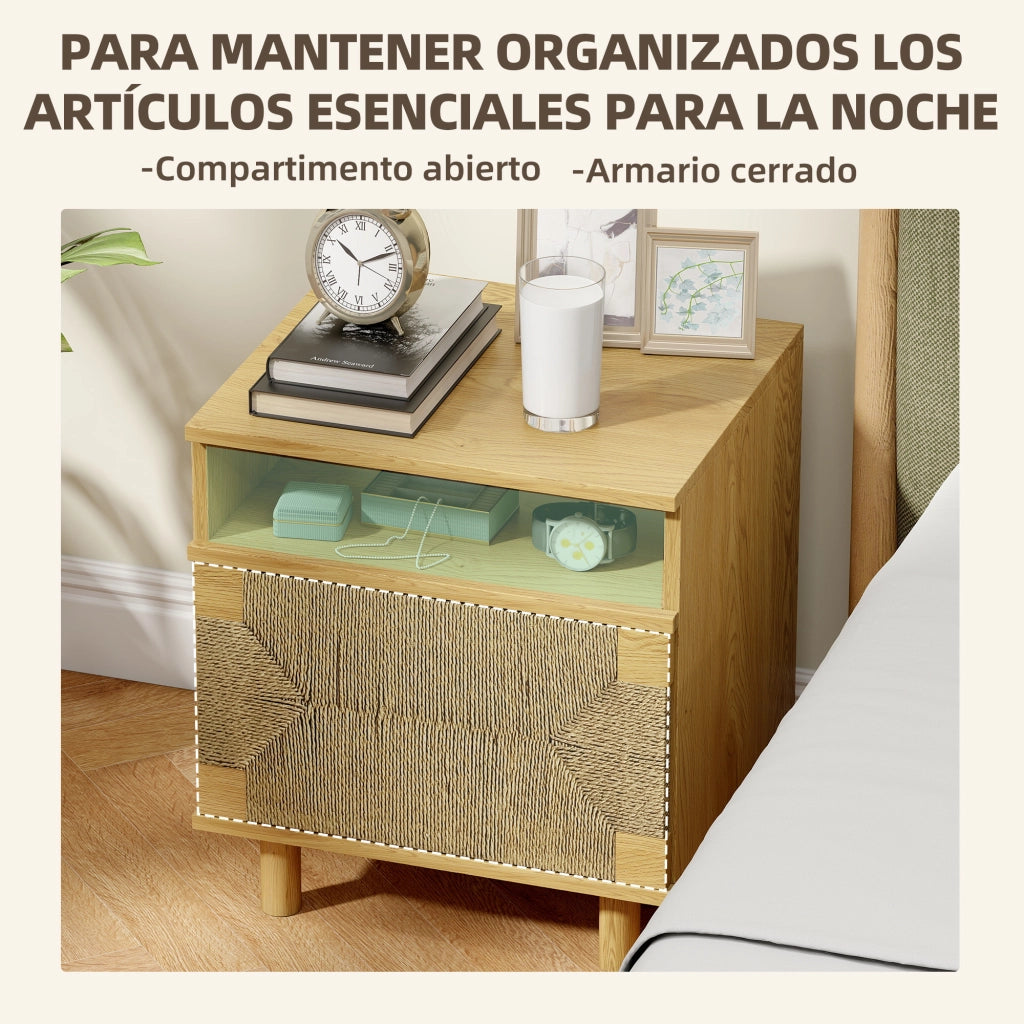 Comodino Bohemio con Porta in Carta Corda e Ripiano Aperto ¨C zephmum ¨C 45x39x50 cm Roble
