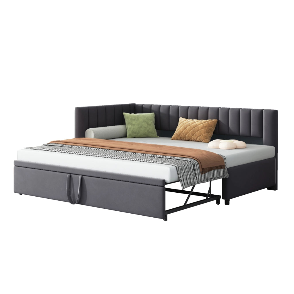 OKWISH Letto a Divano 90×200 cm, Letto Singolo con Letto Estraibile e Testiera, 90×200 cm e 180×200 cm, senza Materasso, Grigio