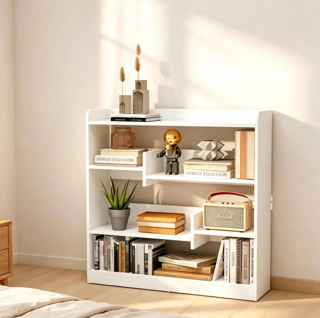 Libreria 90x24x91 cm in truciolare bianco, 4 livelli, salvaspazio –