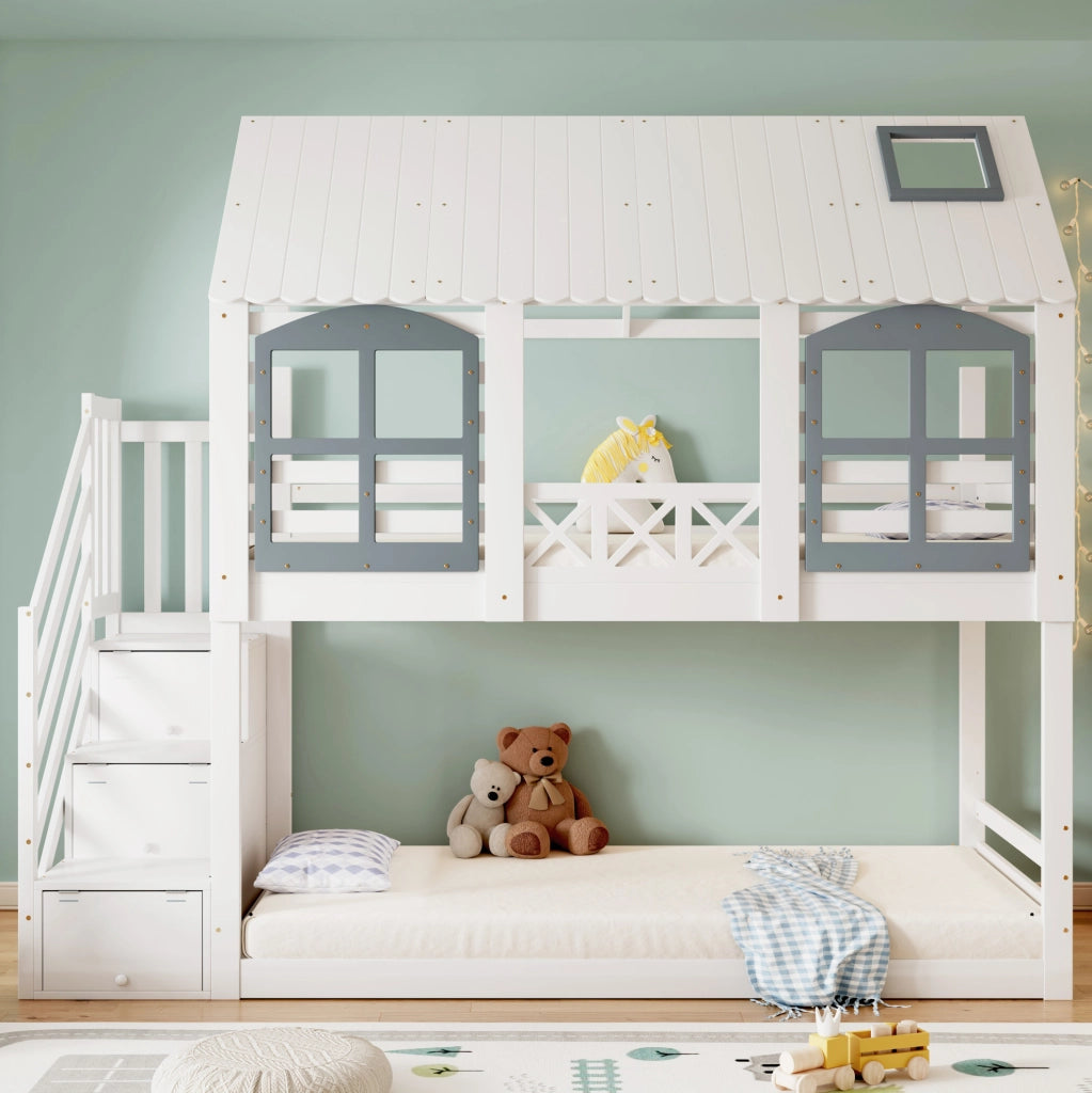 Letto a castello per bambini con scala contenitore 90x200 cm