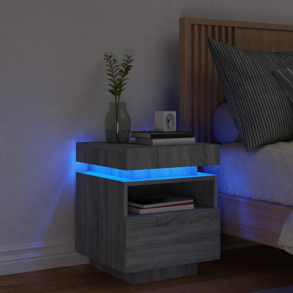 Comodino | Armadio da Notte | Mobiletto da notte con Luci LED Grigio Sonoma 40x39x48,5 cm