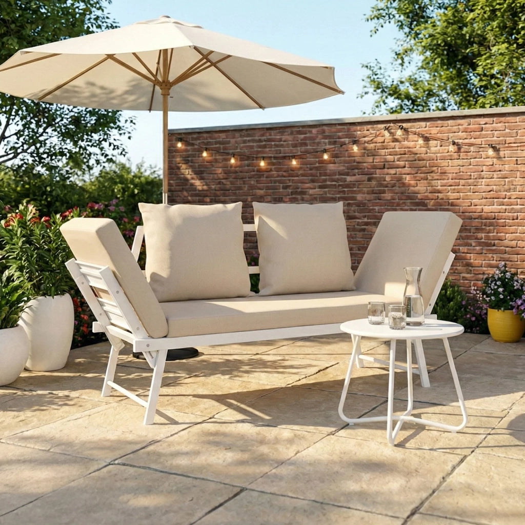 IDMarket - Divano da giardino, panca trasformabile NOLA 2/3 posti con braccioli reclinabili in metallo bianco e cuscini beige