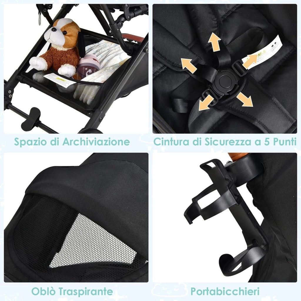 Passeggino Leggero per Bambini, Carrozzina con Schienale Regolabile, Passeggino Pieghevole con Ruote Universali, Sacco a fondo,per Bambini 0-36 Mesi, Portata 15 kg(Nero)