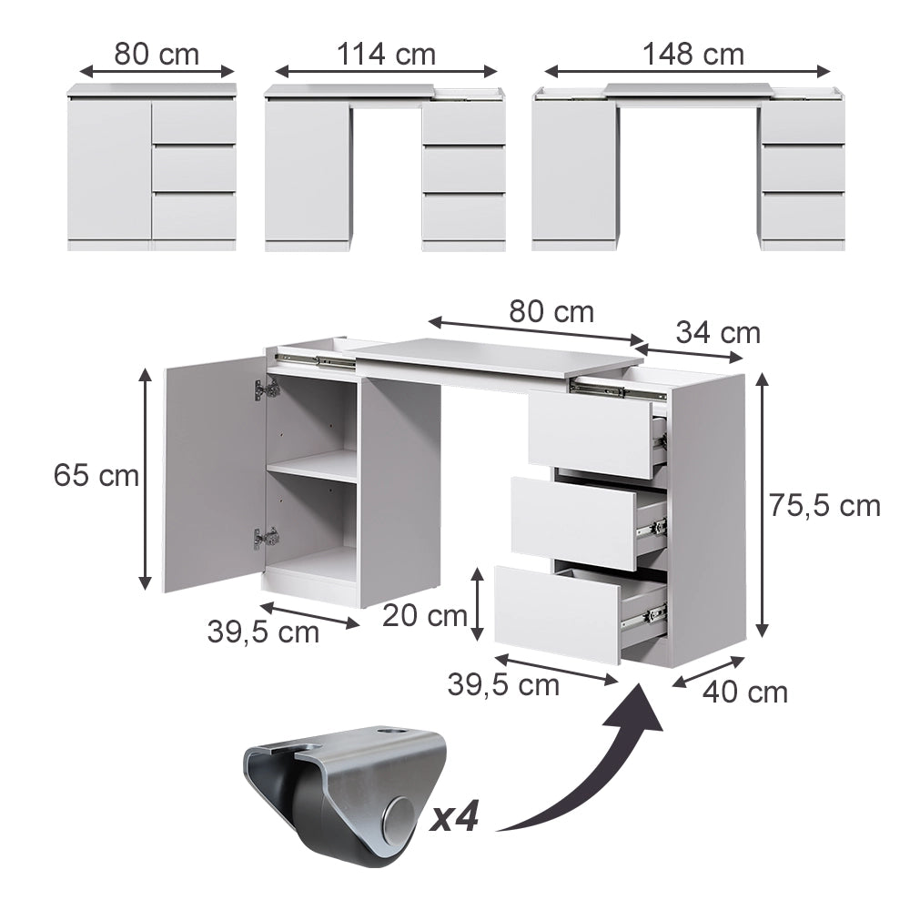 Cassettiera con funzione scrivania Varino Bianco 80 x 75.5 cm estensibile Vicco