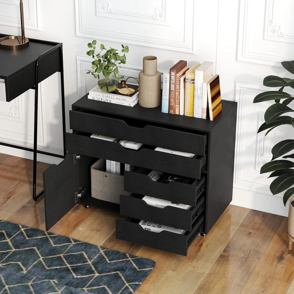 Cassettiera con 5 cassetti e 1 armadietto, armadietto mobile a 5 ruote, cassetto sotto scrivania, 77,5 x 40 x 64 cm (nero)