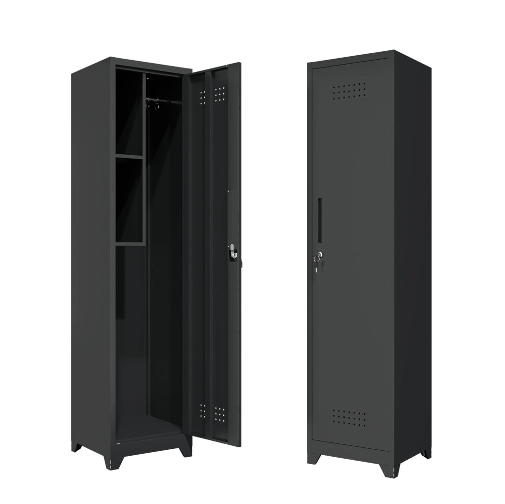 Armadio portascopa slim in metallo nero con 4 scomparti e aste regolabili