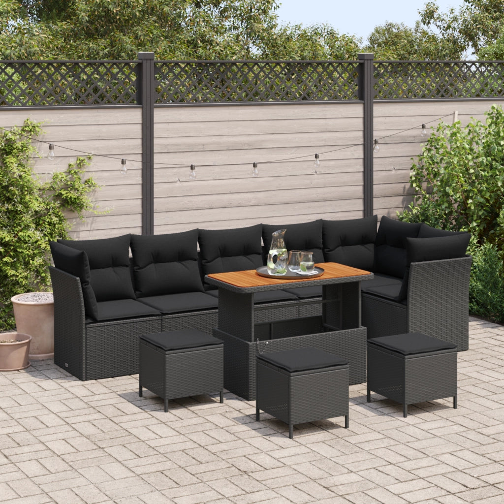 Set di divani da giardino da 10 pezzi con cuscini in polyrattan nero e acacia