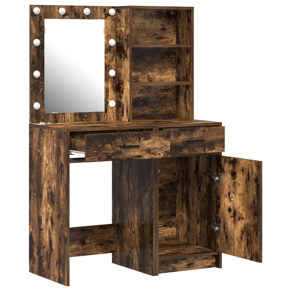 Set di Toeletta in 2 Pezzi con LED in Rovere Affumicato e Legno Ingegnerizzato