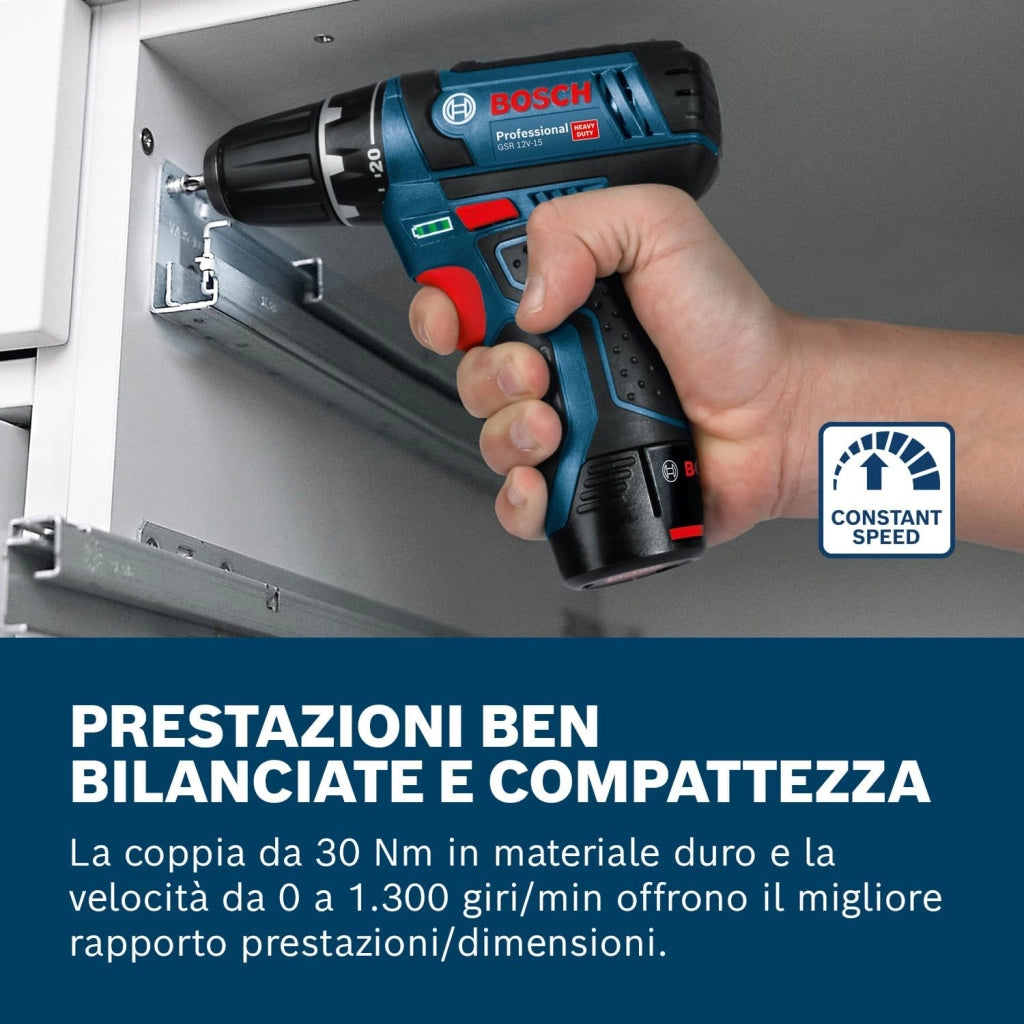 Bosch Professional GSR 12V-15 Trapano avvitatore a batteria 10.8 V (1 x 2Ah, 1 x 4Ah) + accessori