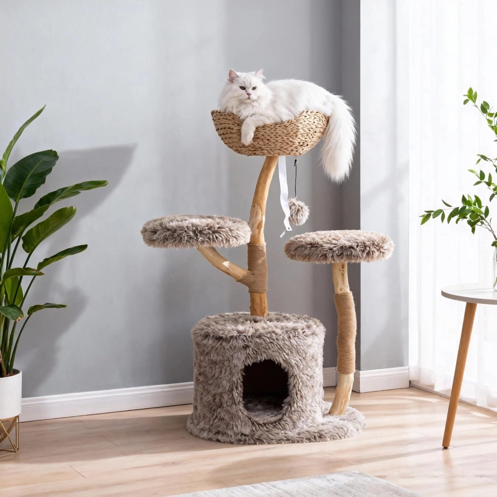 Tiragraffi per Gatti in Legno, 105 cm con 2 Posatoi e 1 Cuccia Grotta in Peluche, 1 Cesto di Vimini, 1 Pompon, Corda in Juta e Tronchi Naturali, Alberi per Gatti Stabile, Marrone