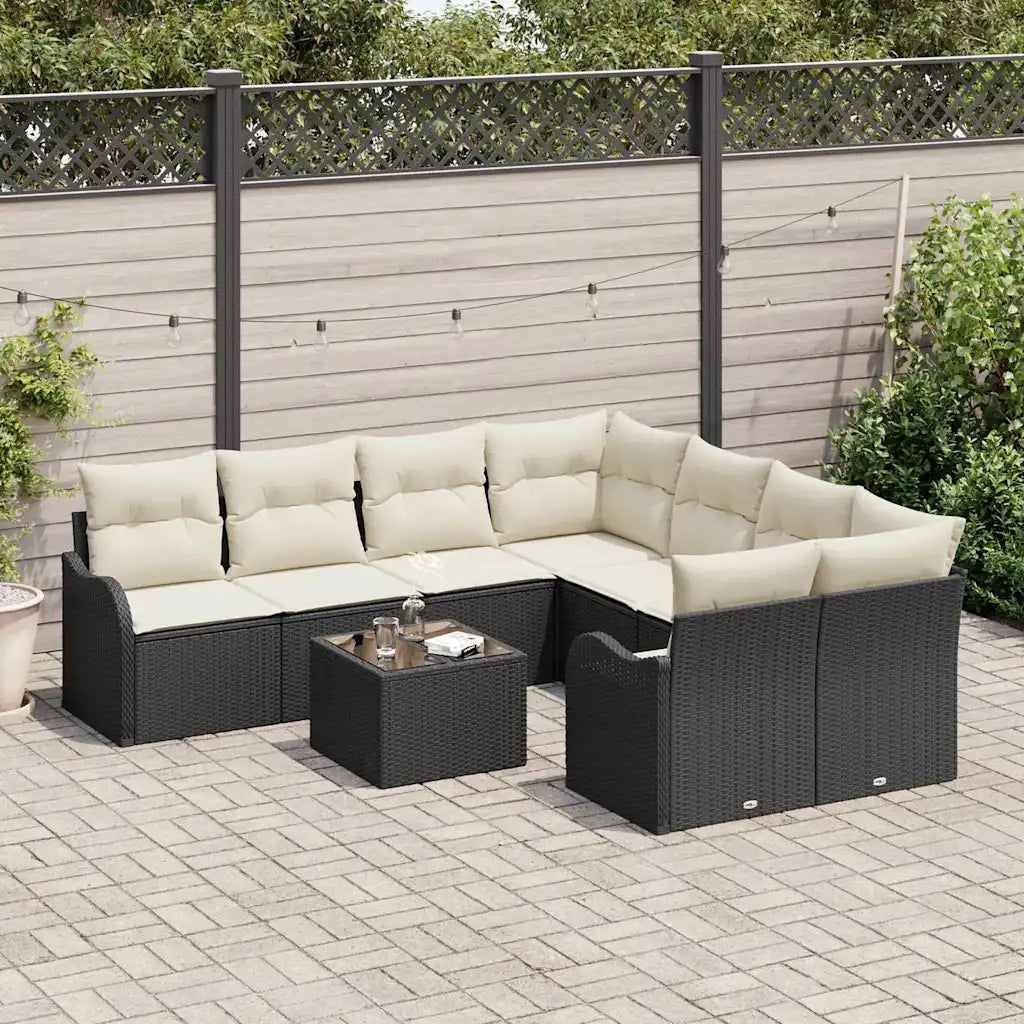 Set Divano da Giardino con cuscino 9 pcs Nero polyrattan
