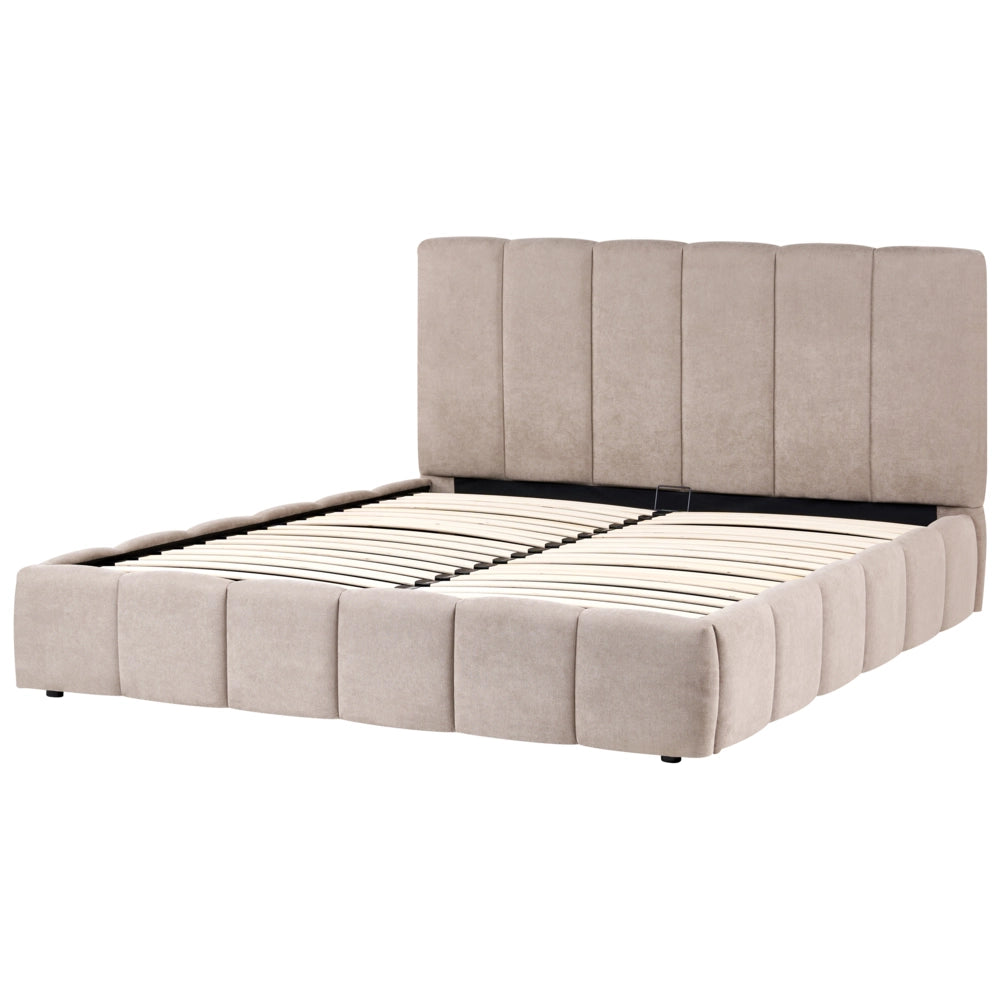 Letto matrimoniale contenitore con trapuntatura verticale in tessuto tortora 180x200 cm struttura sollevabile e testiera alta