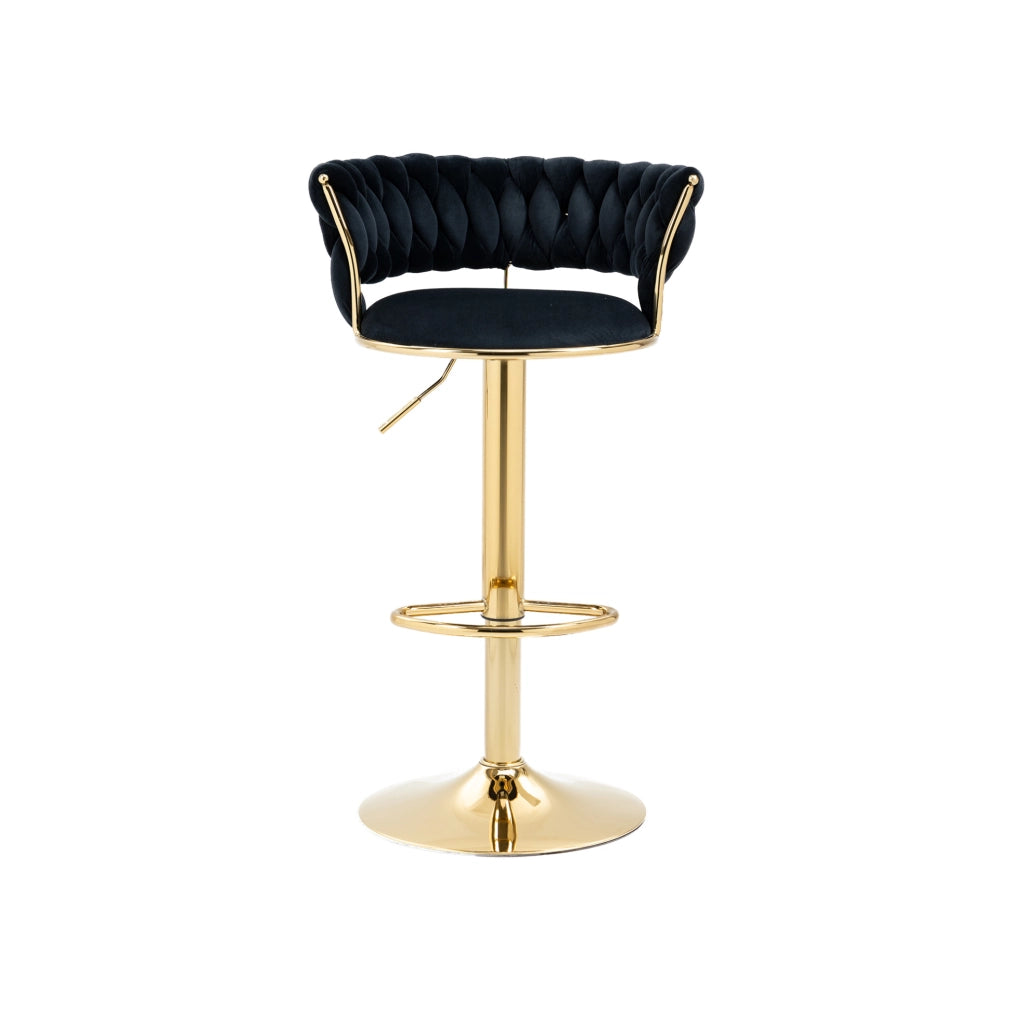 Sgabello da bar girevole 360° regolabile in altezza con schienale; velluto nero e base oro