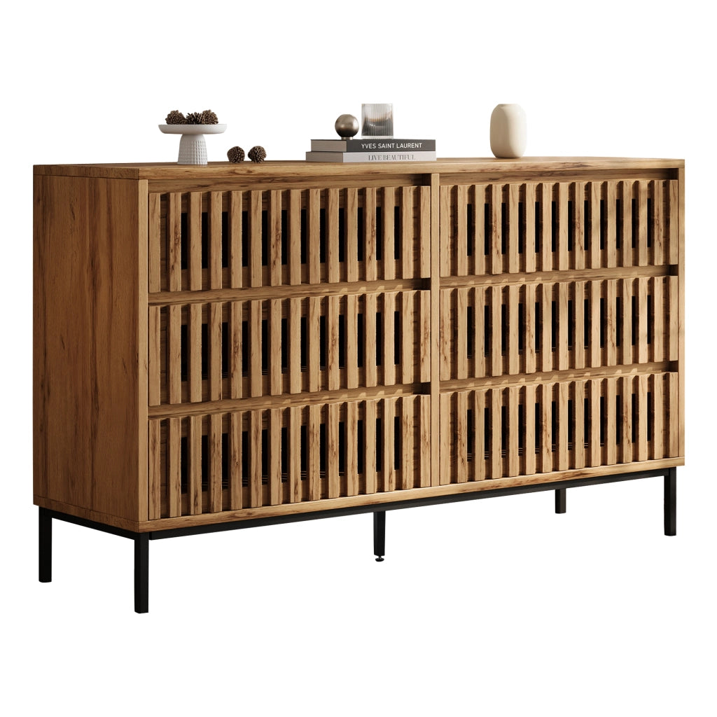 Credenza bassa con 6 cassetti, struttura in MDF e pannello truciolare, design a griglia, 120¡Á40¡Á81 cm, colore legno naturale