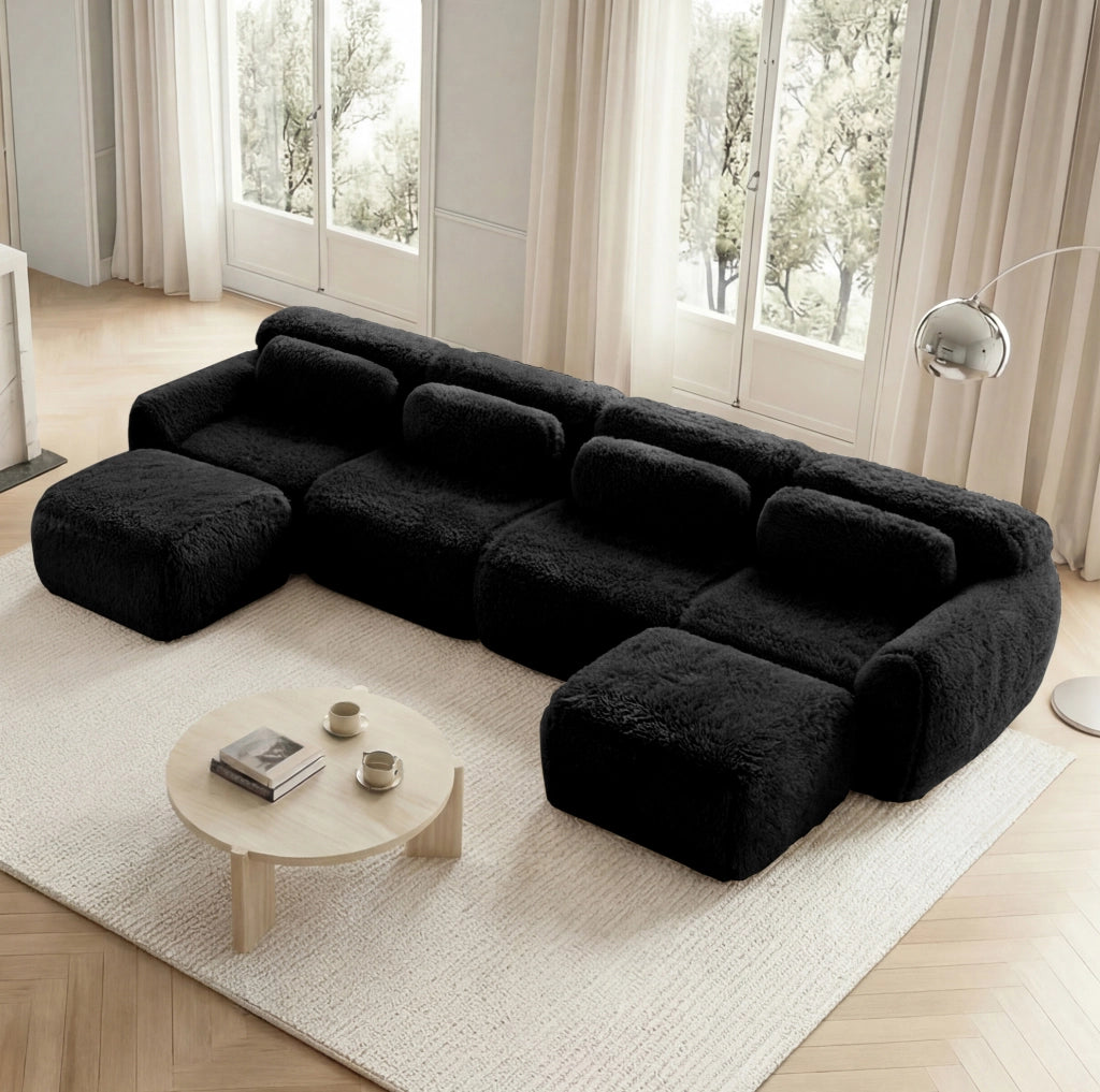 Divano modulare angolare a U 378x179x73 cm in tessuto peluche nero; senza montaggio