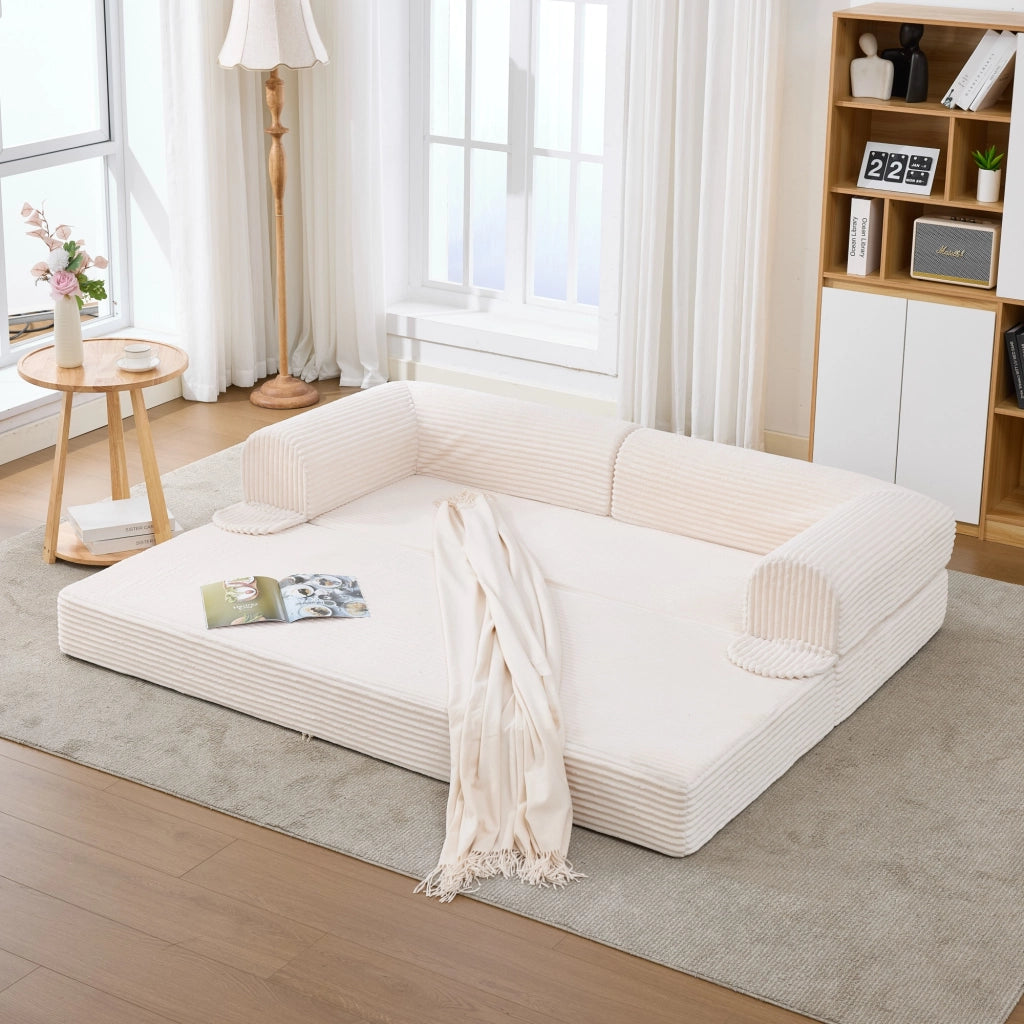 Divano letto convertibile a 2 posti in tessuto a coste con struttura stabile e braccioli imbottiti beige compatto