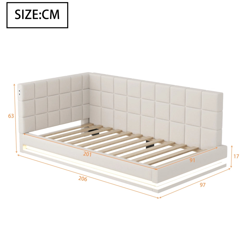 Divano letto 90x200 cm con LED; presa USB e rete a doghe in lino beige