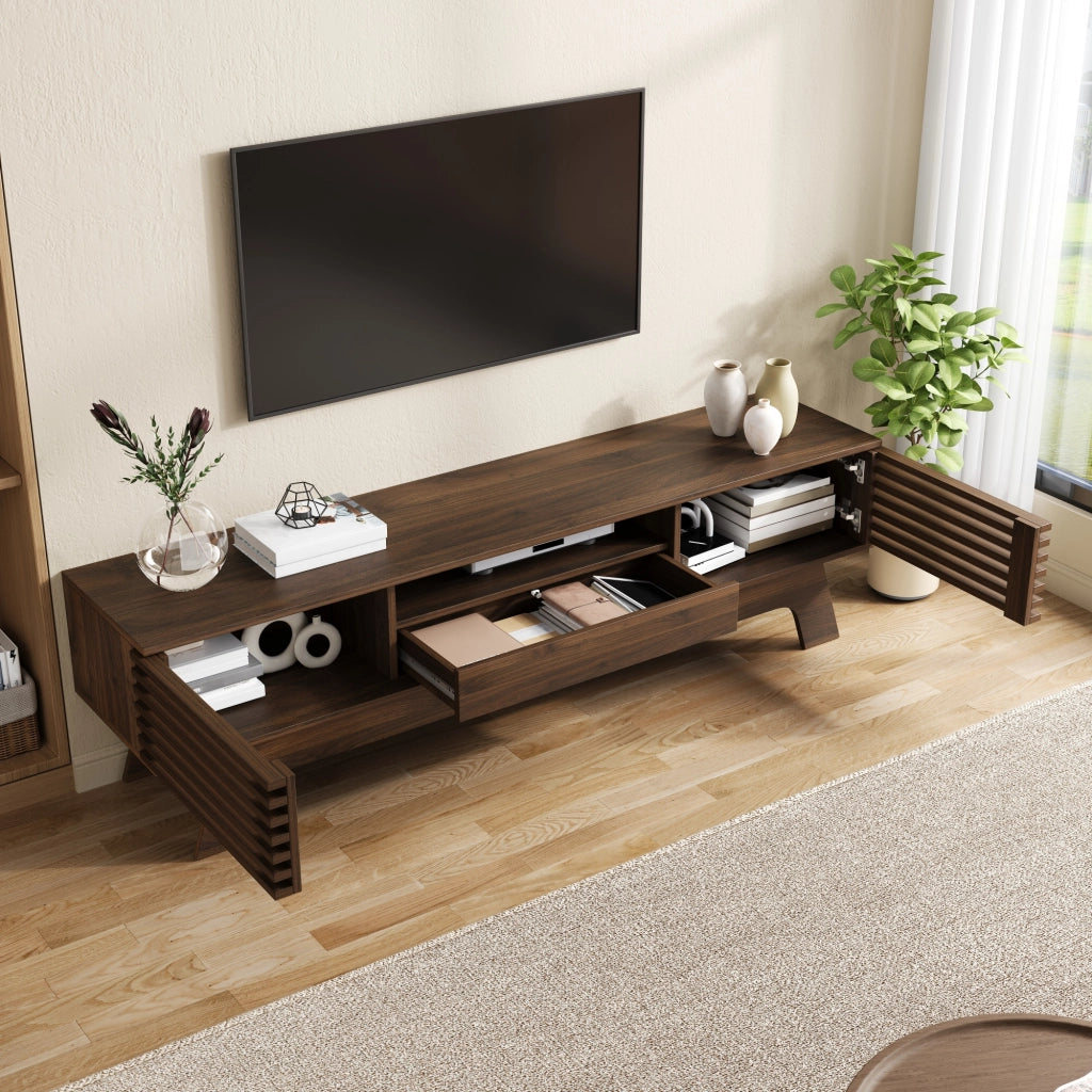 Mobile TV 150x35x44 cm con ante a lamelle in MDF noce