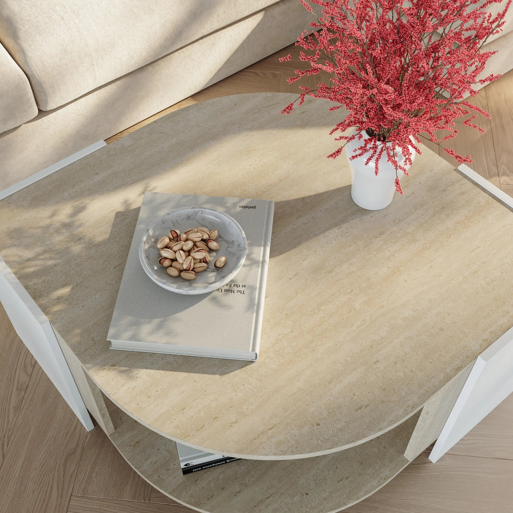 Tavolino Centrale da Salotto Klipsari con Piano Curvo 75 x 75 x 40 cm - Bianco / Color Avorio Travertino [en.casa]