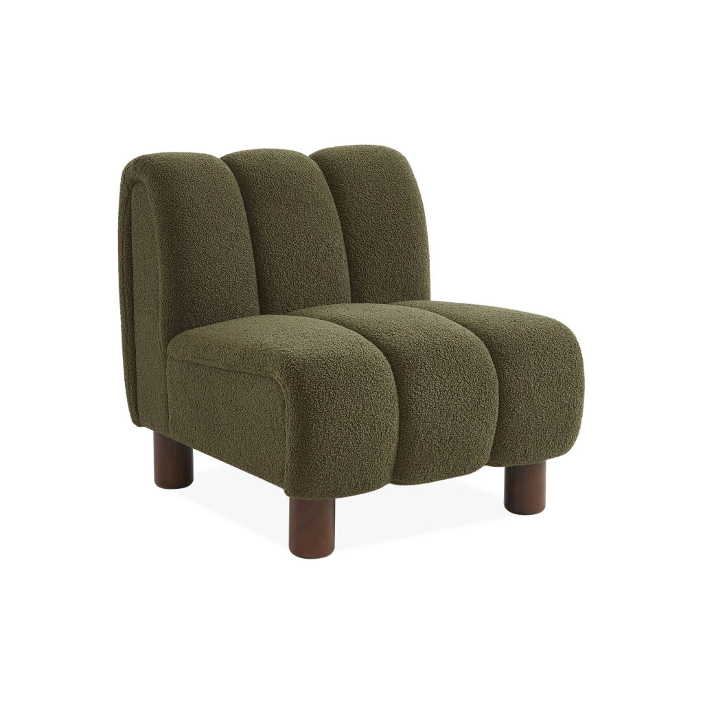 Poltrona relax con gambe rotonde in legno e tessuto bouclé, kaki