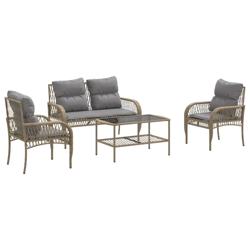 Set Divano da Giardino 4 pz | Set Salotto da Giardino con Cuscini Beige in Polyrattan