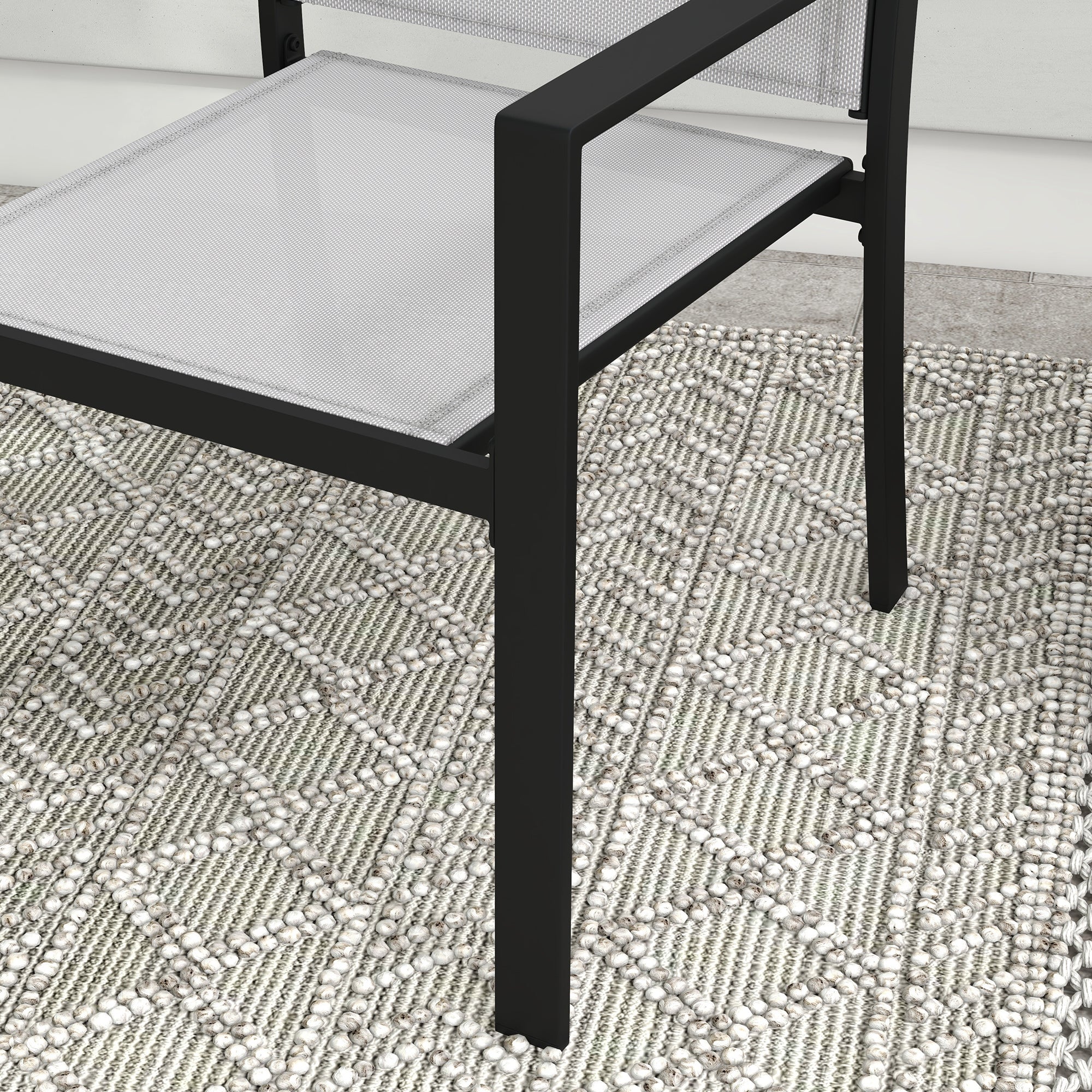 Set Tavolino con Piano in Vetro e 2 Sedie Impilabili da Giardino in Acciaio e Tessuto Grigio Chiaro