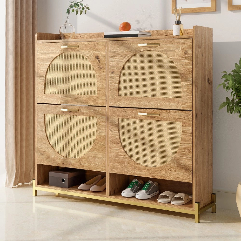 Scarpiera in Legno con Ante in Rattan e Ripiani ¨C MINIMAL ¨C 4 Ante, Metallo