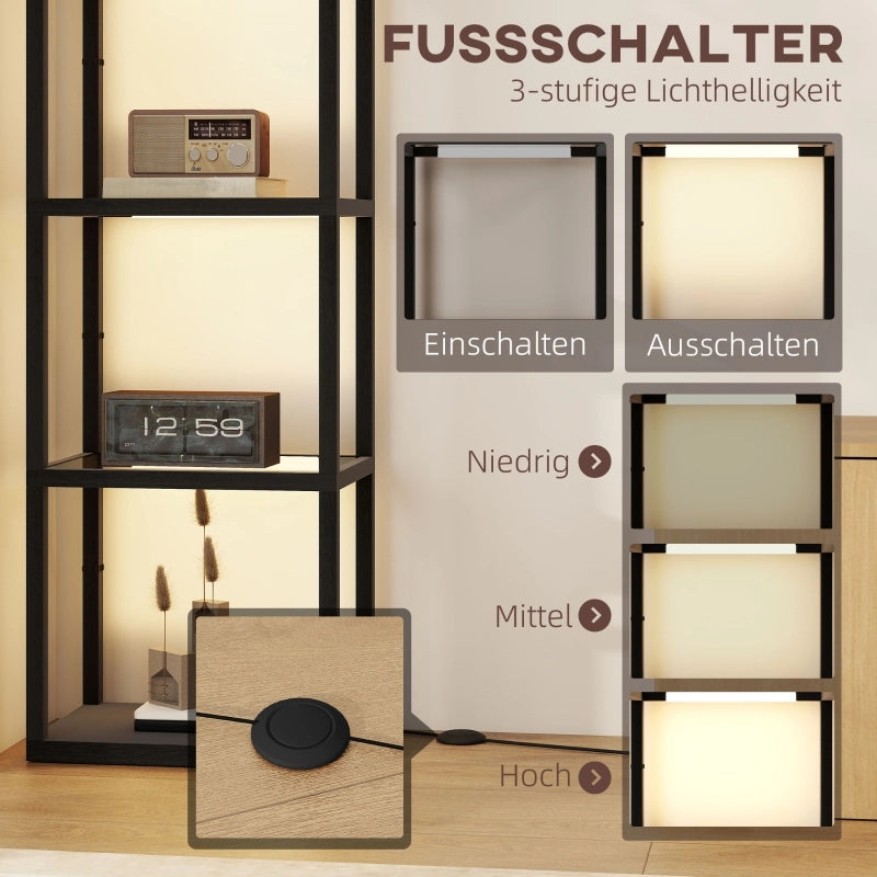 Lampada da terra a LED con ripiano a 4 livelli, ripiano illuminato con 4 scomparti in vetro, interruttore a pedale, MDF, nero