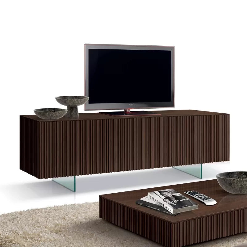 Porta tv 3 ante contemporaneo legno marrone frassino gambe in vetro 166x47x60 (3155) - Mobili 2G
