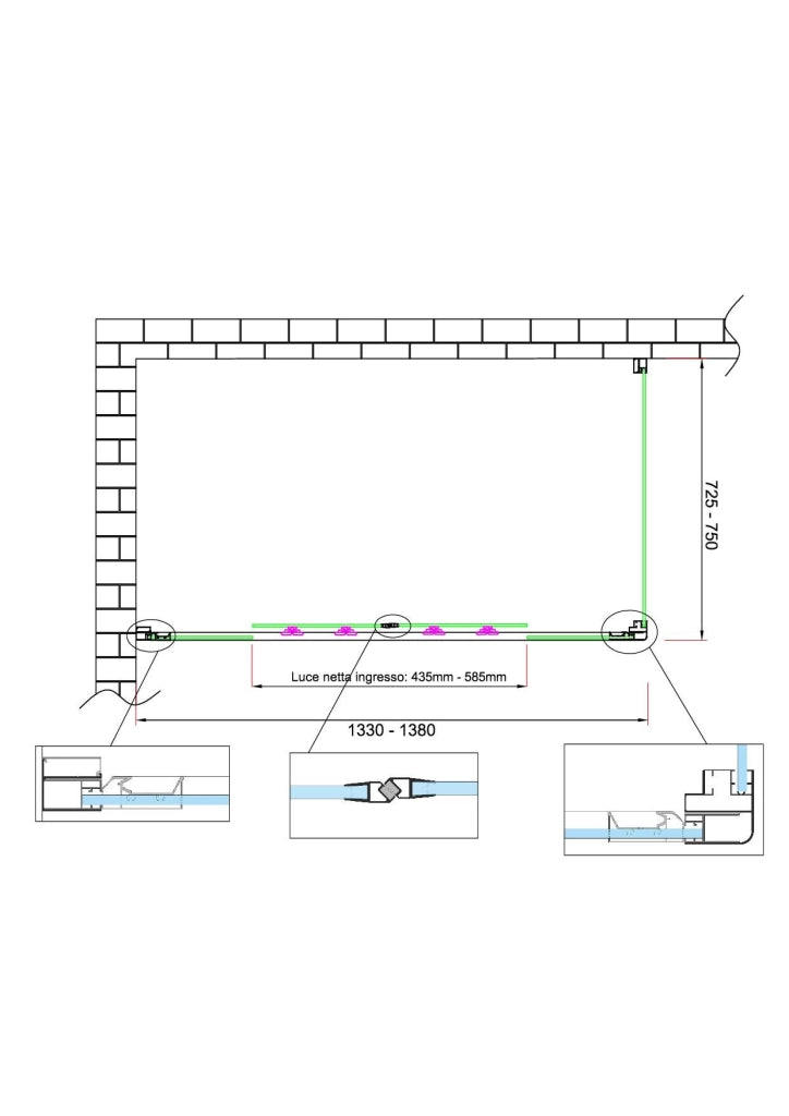 Box doccia 6 mm H 190 parete fissa e porta a 4 ante con apertura centrale MISURA 72,5-75 ANTA FISSA + PORTA 133-138