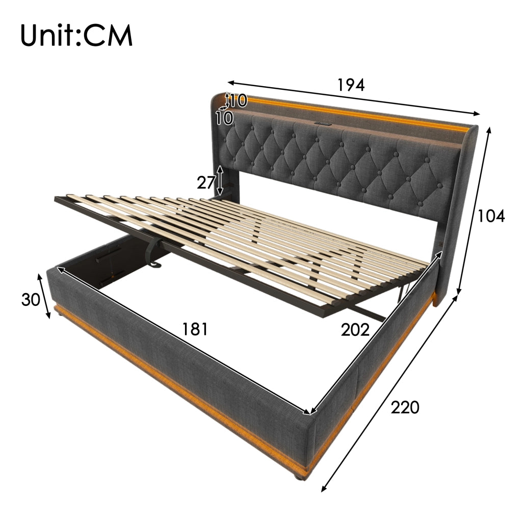 Letto imbottito grigio 180x200 LED telecomandato vano idraulico USB Type-C