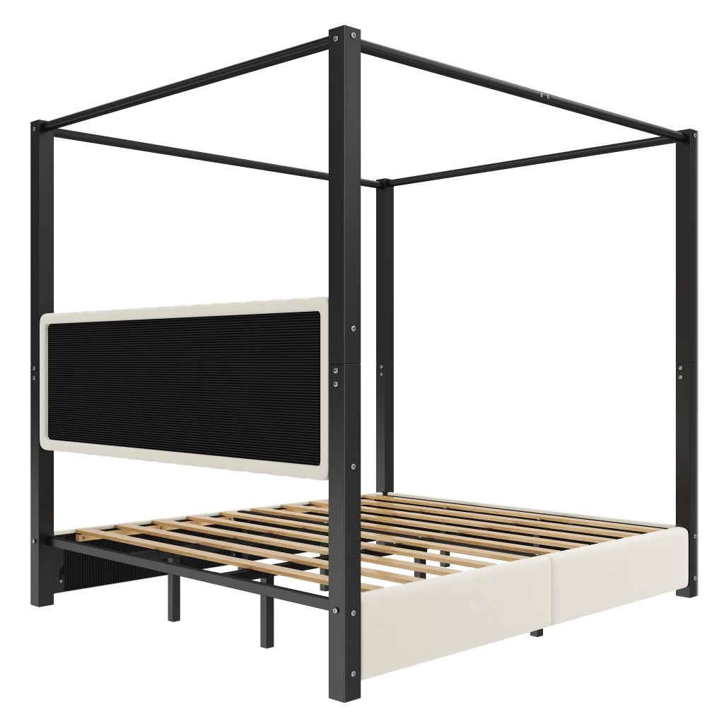 LETTO a Baldacchino 180x200 cm Imbottito in Velluto Beige e Nero