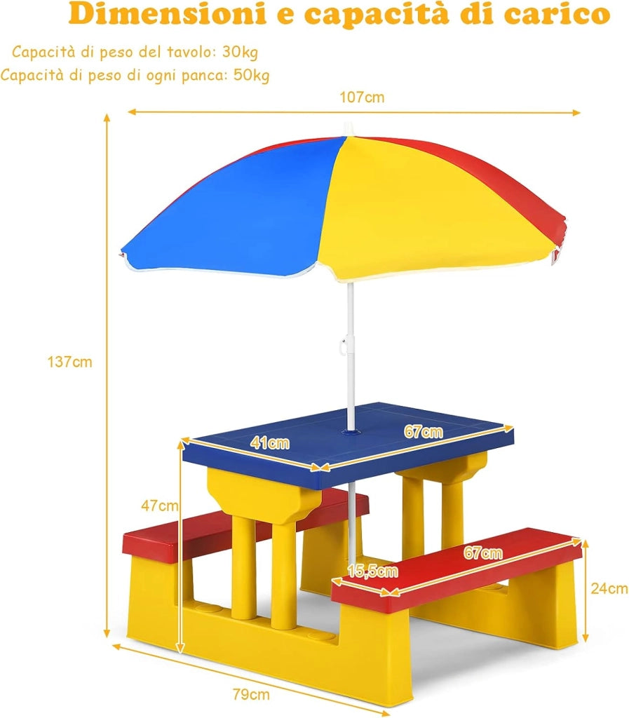 Tavolo da Picnic per Bambini con Parasole Pieghevole, Set di Tavolo e Panche per Giardino Esterno (rosso+blu+giallo)