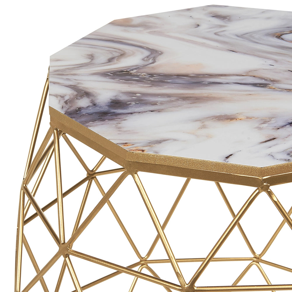 Tavolino da salotto rotondo in metallo dorato con ripiano effetto marmo ø 52 cm stile glamour moderno