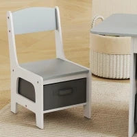 Set Tavolo e Sedie per Bambini 3-8 Anni con 6 Cassetti e Bordi Arrotondati, in Legno e Tessuto, Grigio e Bianco