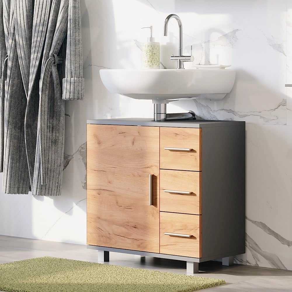 Mobiletto per lavabo Ilias, Antracite/quercia dorata, 60 x 60.8 cm con anta e 3 cassetti, con intaglio per sifone per l'installazione su lavabo