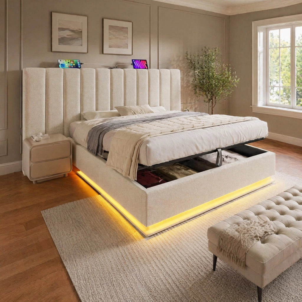 LETTO Contenitore 160x200 cm Beige in lino con LED e ricarica USB-C