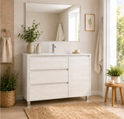 Mobile Bagno VOLUM Già Montato 3 cassetti e porta, lavabo e specchio Bianco nordico 100x45 cm
