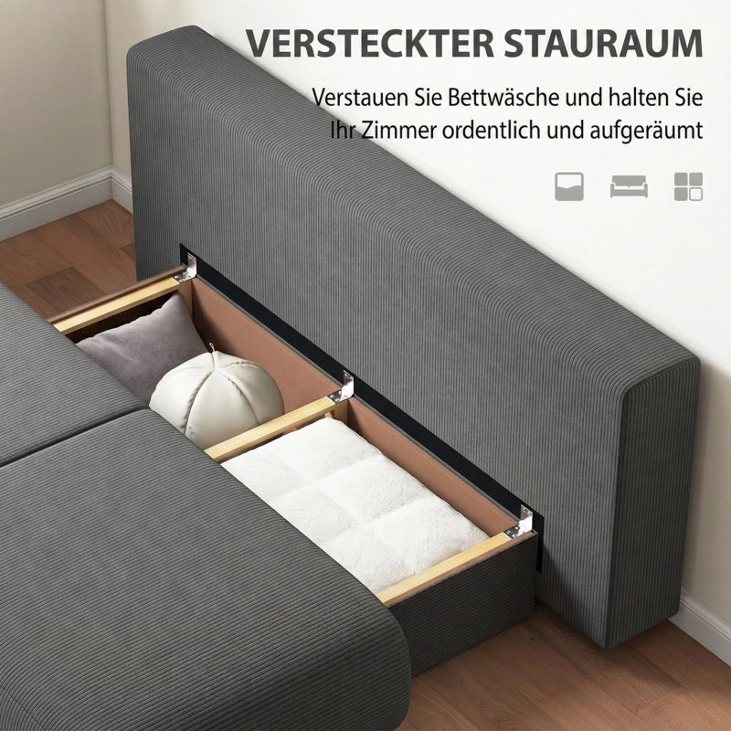 Divano letto 3 posti con contenitore e schienale regolabile; 188x140 cm; grigio